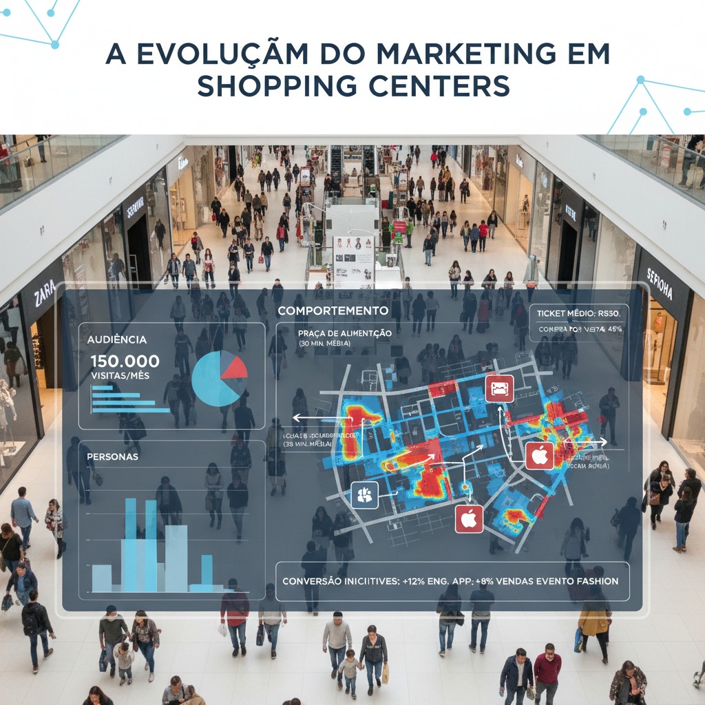 Infográfico sobre a evolução do marketing em shopping centers sobreposto a uma foto aérea de um corredor de shopping movimentado.
