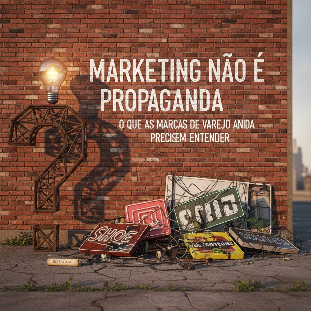 Uma parede de tijolos vermelhos exibe o texto "Marketing não é propaganda, o que as marcas de varejo ainda precisam entender", acompanhada por uma estrutura de metal em formato de ponto de interrogação com uma lâmpada acesa e placas velhas amontoadas no chão.