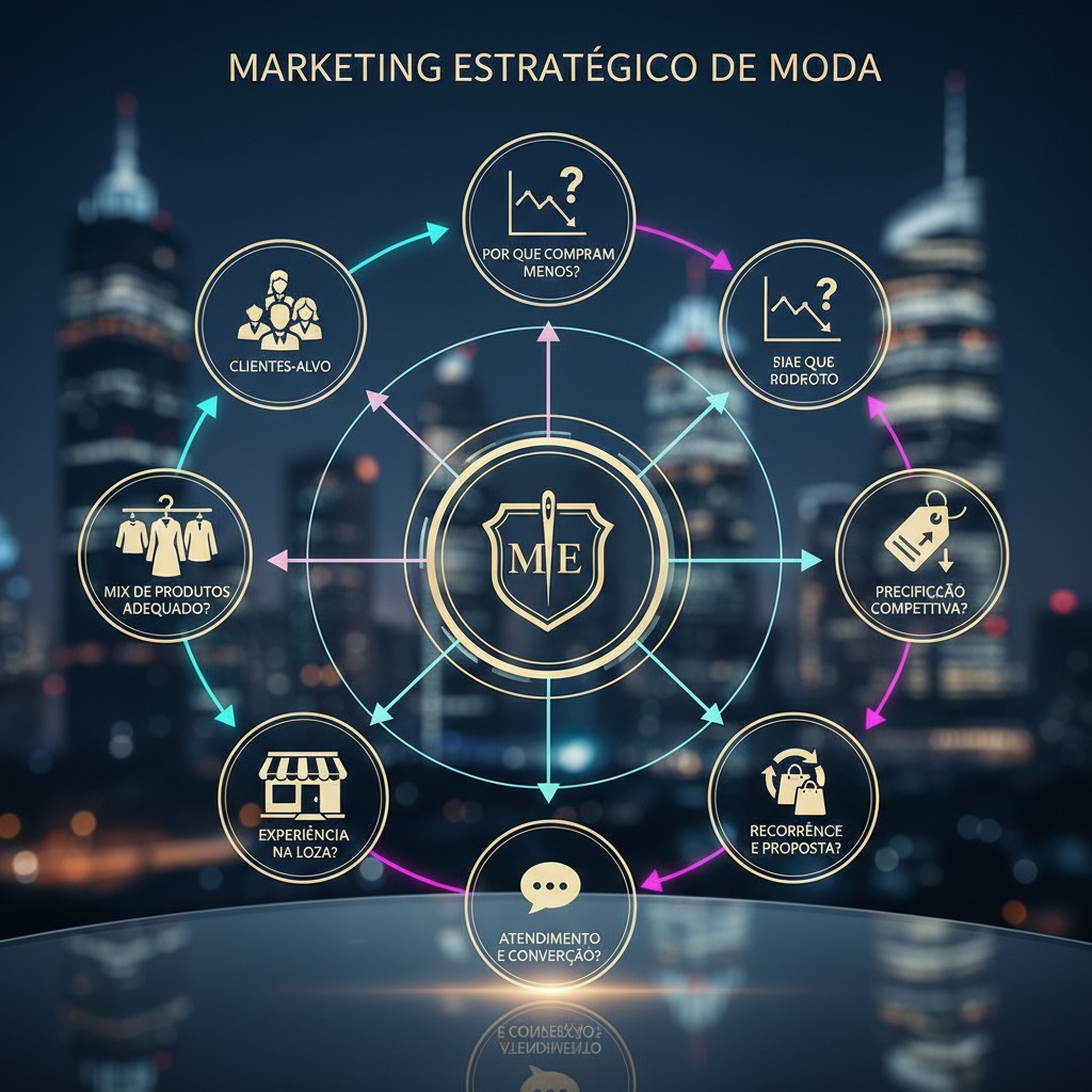 Infográfico circular sobre marketing estratégico de moda, com ícones e perguntas interconectadas sobre público, preços e atendimento, tendo um horizonte de cidade à noite ao fundo.