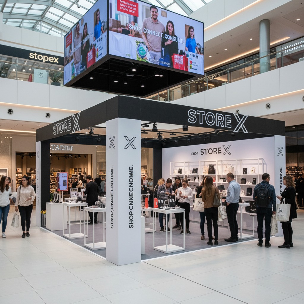 Um estande temporário da loja Store X em um shopping, com pessoas circulando e um telão digital no alto.