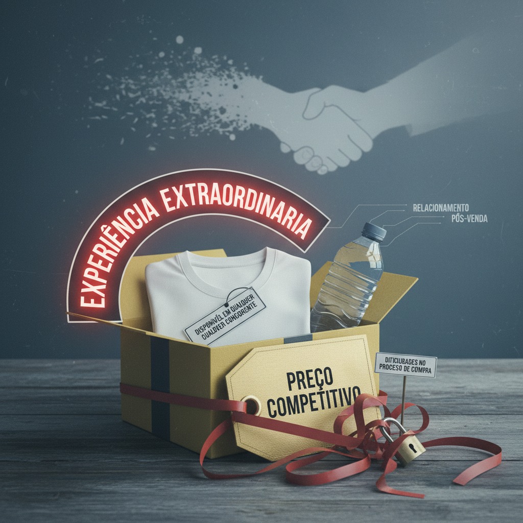 Uma caixa de papelão aberta sobre uma mesa de madeira contém uma camiseta branca e uma garrafa de água, acompanhadas por etiquetas com os textos "preço competitivo" e "experiência extraordinária".
