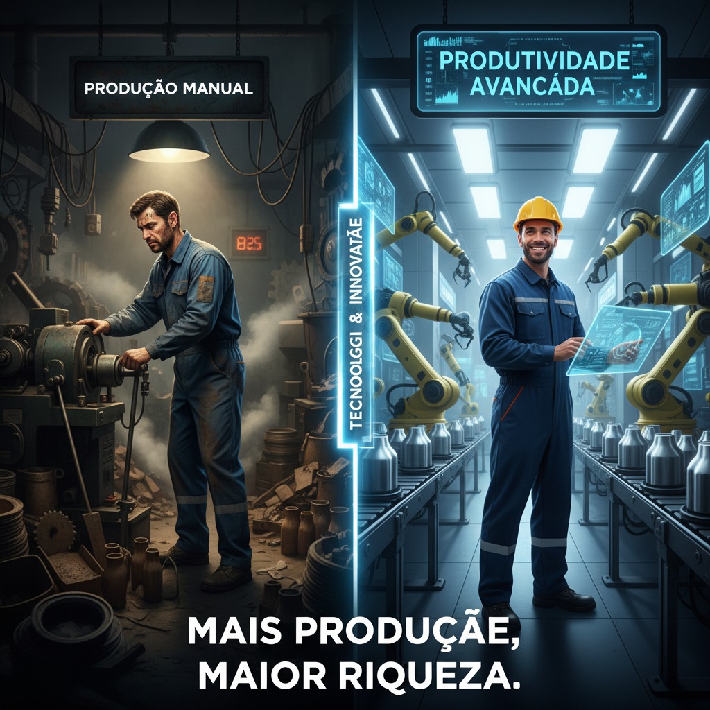 Comparação visual entre produção manual em uma fábrica antiga e produtividade avançada com robôs e telas digitais em uma fábrica moderna.