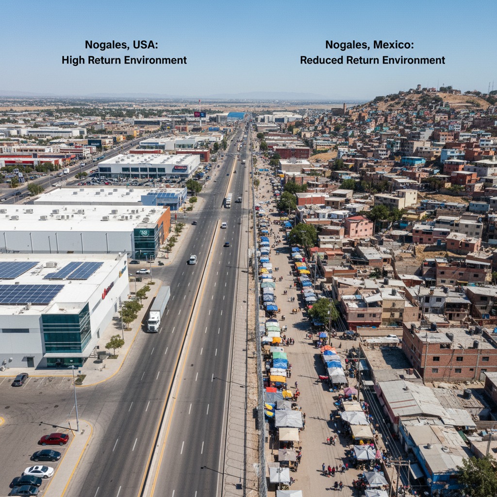 Vista aérea comparativa entre Nogales, nos Estados Unidos, com grandes construções e ruas pavimentadas, e Nogales, no México, com construções mais densas e comércio de rua, divididas por uma cerca na fronteira.