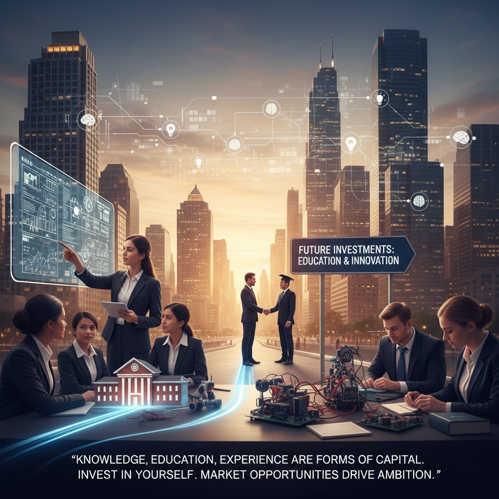 Profissionais de negócios e tecnologia trabalham em um ambiente urbano integrado com gráficos digitais e a frase de impacto "Investimentos Futuros: Educação e Inovação".