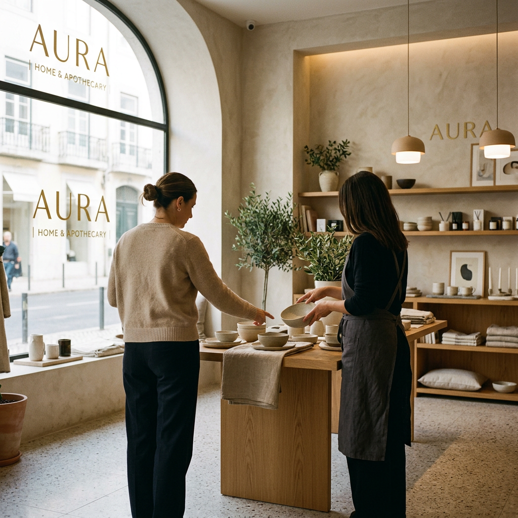 Two women arranging ceramics inside Aura Home & Apothecary