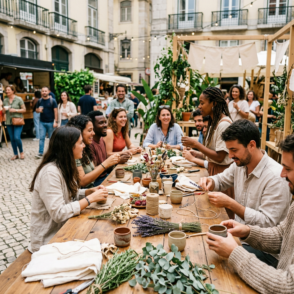 People crafting with flowers and plants around a table in a courtyard market