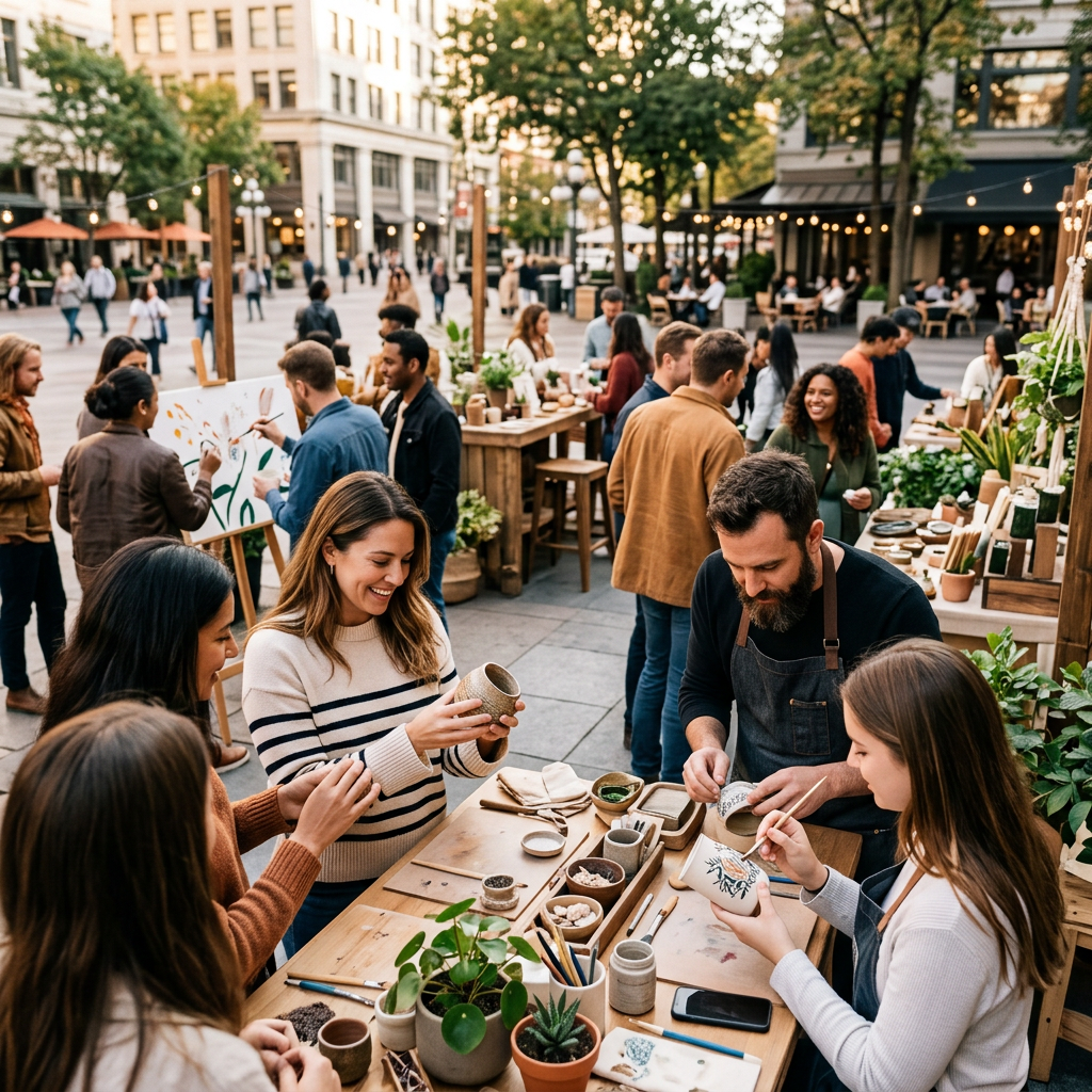 People painting pottery at an outdoor workshop in a busy city plaza