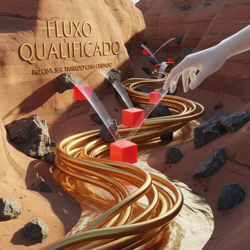 Ilustração 3D em um cânion desértico com tubos dourados sinuosos simulando um fluxo de água, cubos vermelhos suspensos por raios translúcidos e uma mão branca estendida.