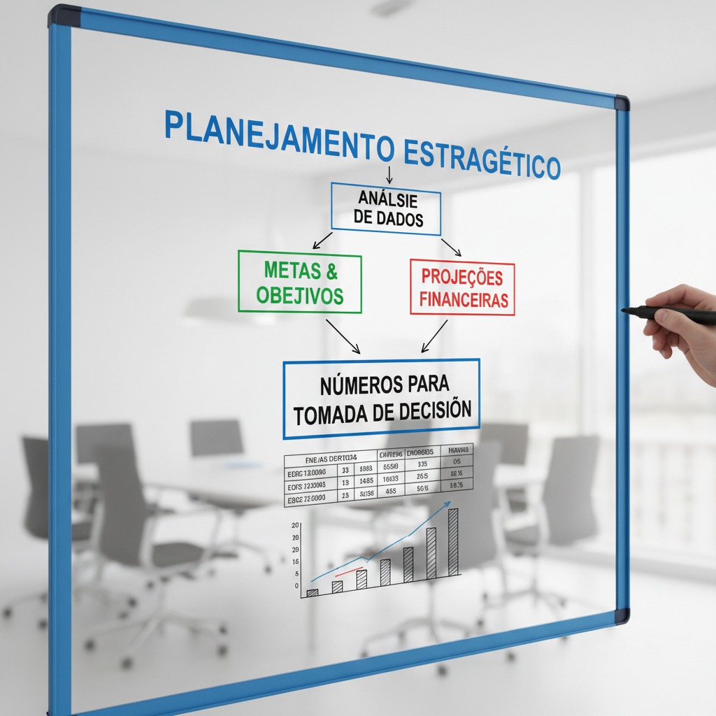 Um fluxograma de planejamento estratégico escrito em uma lousa de vidro, com caixas conectadas por setas detalhando a análise de dados, metas, projeções financeiras e números para tomada de decisão.