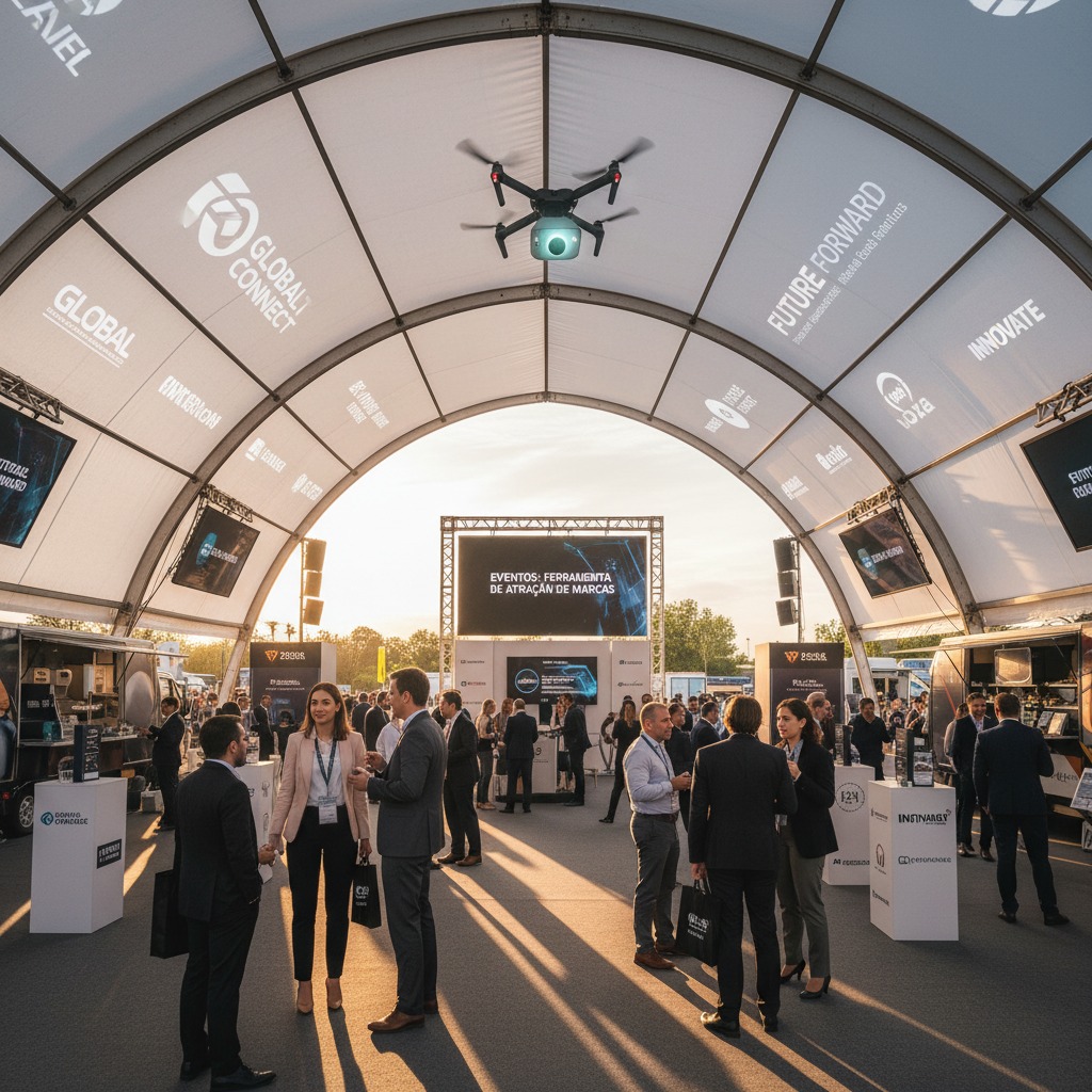 Um drone voa sob a lona de uma tenda em um evento corporativo ao ar livre, onde pessoas conversam em grupos.
