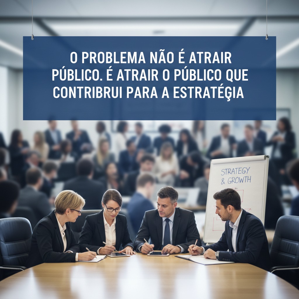 Quatro profissionais estão sentados ao redor de uma mesa de reunião escrevendo em documentos, com um quadro ao fundo contendo as palavras "Strategy & Growth" e um painel azul suspenso com a frase "O problema não é atrair público. É atrair o público que contribui para a estratégia".
